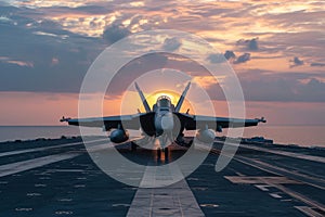 A powerful jet aircraft is parked on the deck of an aircraft carrier, ready for takeoff or landing, A fighter aircraft preparing