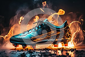 The powerful kick of a football player\'s foot, fire, background, sports,Generated AI
