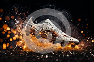 The powerful kick of a football player\'s foot, fire, background, sports,Generated AI