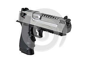 Powerful large caliber pistol. Silver pistol 50 caliber with black grip. Isolate on white back