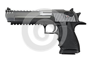Powerful large caliber pistol. Silver pistol 50 caliber with black grip. Isolate on white back
