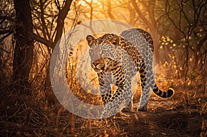 Powerful leopard walking on a dirt path surrounded by tall grass and trees . Amazing Wildlife