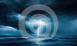 A powerful lightning bolt dramatically strikes the ocean during a dark and intense thunderstorm.