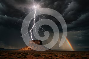 Powerful Lightning Bolt Hitting Desert Mesa Under Stormy Sky with Rainbow AI-GENERATED