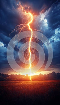 Powerful Lightning Bolt Strike at Sunset, Dramatic Storm Clouds and Orange Sky with Sun on Horizon