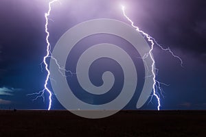 Powerful lightning bolts strike from a thunderstorm