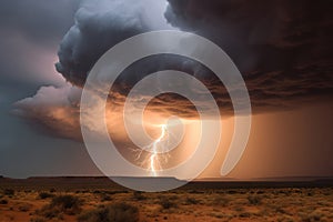 Powerful lightning strike over a desert. Generative AI