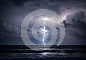 Powerful Lightning Strike Over a Stormy Ocean at Night