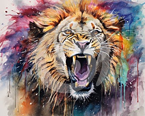 The Powerful Lion animal watercolor is colorful and has a running rnbow.