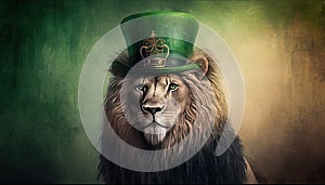 Powerful lion with green hat celebrating Saint Patrick day on blurred background. Generative AI