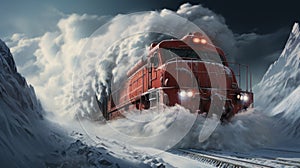 Powerful locomotive with a snow plow barreling. Generative AI.