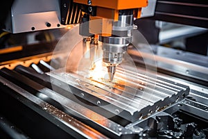 A powerful machine cuts through a piece of metal with precision and efficiency, The CNC milling machine cutting the plastic parts