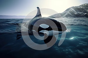 A powerful and magnificent Orca swimming in the ocean, showing off its powerful and magnificent nature. Generative AI