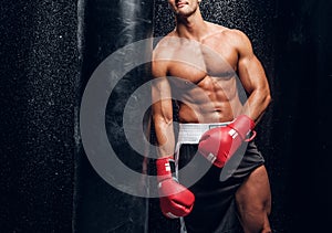 Powerful male is posing with punching bag