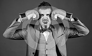 Powerful man boxer ready for corporate battle. businessman in formal suit and bow tie. bearded man in boxing gloves