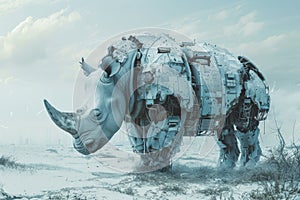 A powerful mechanical rhinoceros stands in a stark futuristic wasteland a blend of robotics and wildlife in a surreal landscape