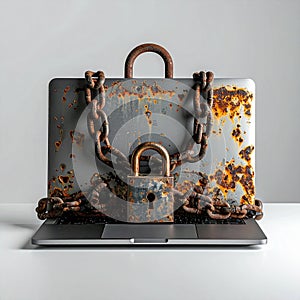 Outdated Digital Security with Rusty Chains on Laptop