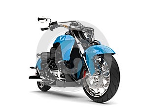 Powerful modern blue chopper motorcycle - closeup shot