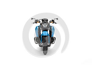 Powerful modern blue chopper motorcycle - front view