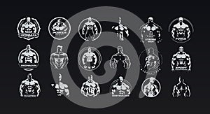 Powerful muscular athletes icons for GYM logos. Masculine figures silhouette for fitness, bodybuilding, and health