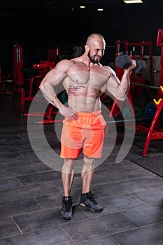 Powerful muscular man doing biceps exercise with dumbbell at the gym