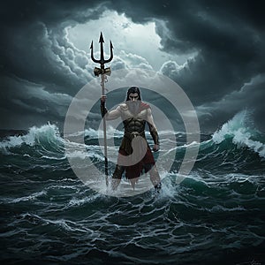 A powerful, mythological figure stands in turbulent ocean waves, gripping a large photo