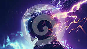 Powerful Neon Light Suter Hero Character Person Portrait Digital AI Generated Illustration