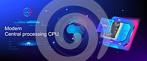 Powerful new generation stream processor. Cyber banner with CPU on futuristic background. Game processor for computer or laptop wi