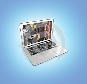 Powerful notebook concept laptop with powerful computer components isolated on blue gradient background 3d illustration