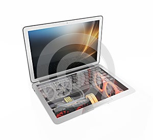 Powerful notebook concept laptop with powerful computer components isolated on white background 3d illustration without shadow