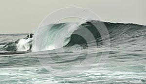 Powerful ocean wave breaking. Wave on the surface of the ocean. Wave breaks on a shallow bank.