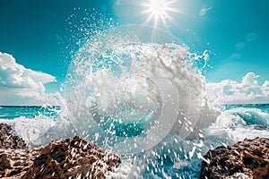 Powerful ocean wave crashing against rocks