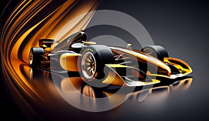 Powerful Orange and Black Race Car with Gold Streamlines standing on Reflective Blue Background photo