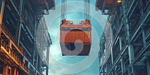 Powerful overhead crane at the port lifting a large container with precision and expert control during loading photo