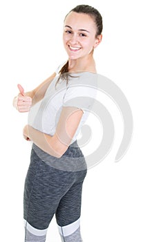 Powerful portrait young fit woman on isolated white background