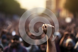 Powerful protest hand clenched in a fist against blurred crowd