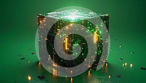 Glowing Sci-Fi Technology Cube on Green Background