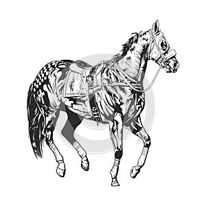 A powerful racing horse in a complete outfit, illustrated in black and white vector art