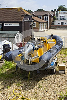 A powerful racing rib on its trailer at the harbour in Warsash in the south of England ready to be launched