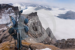 Powerful Radio Antennas with Repeaters and Radars for Telecommunications at Zugspitze Mountains, Bavaria, Germany