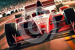 Powerful red racing car at Formula One Racing, generative ai