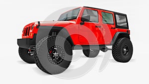 Powerful red tuned SUV for expeditions in mountains, swamps, desert and any rough terrain. Big wheels, lift suspension