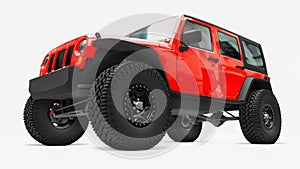 Powerful red tuned SUV for expeditions in mountains, swamps, desert and any rough terrain. Big wheels, lift suspension