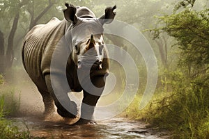 A powerful rhinoceros swiftly moves through a forest, navigating a muddy path with determination., Rhino in its natural habitat,