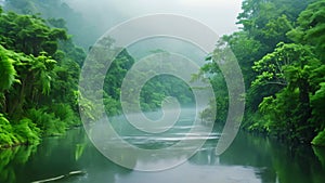 A powerful river runs through a dense, green forest, creating a striking contrast between the rushing water and the lush