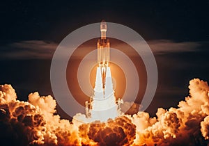 Powerful rocket launch blasting off into the night sky