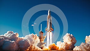 Powerful rocket launch into blue sky at sunrise