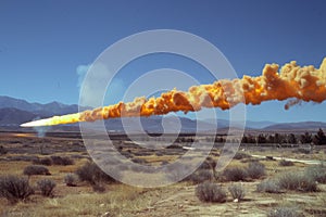 Powerful rocket launch in desert with vibrant orange flames