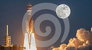 Powerful rocket launch under a bright full moon into the night sky