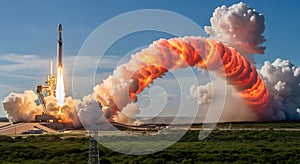 Rocket Launch Powerful Spacecraft Ascent with Smoke and Fire